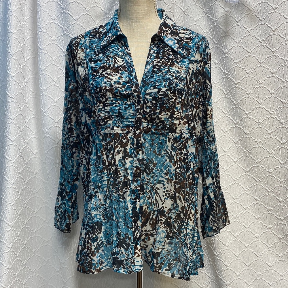 New Directions size 2X  Abstract teal Blue and Brown Blouse‎ dressy v neck sheer